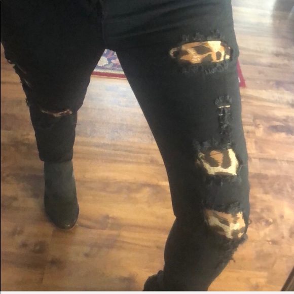Leopard High Waist Distressed Black Denim Jeans Stretch - Picture 5 of 9